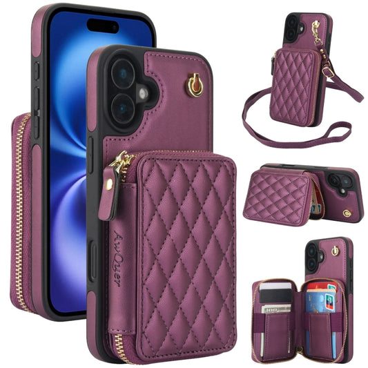 For iPhone 16 AwQuer Crossbody Zipper Wallet Rhombic Leather Back Phone Case(Dark Purple) - iPhone 16 Cases by Awquer | Online Shopping UK | buy2fix