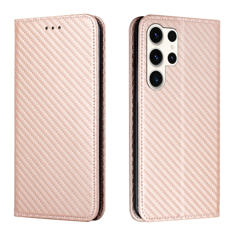 For Samsung Galaxy S25 Ultra 5G Carbon Fiber Texture Magnetic Flip Leather Phone Case(Rose Gold) - Galaxy S25 Ultra 5G Cases by buy2fix | Online Shopping UK | buy2fix