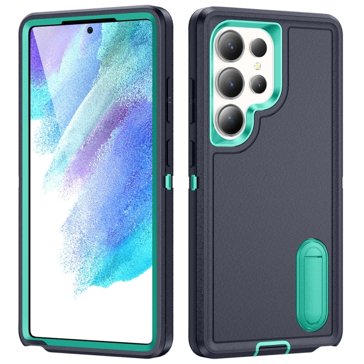 For Samsung Galaxy S25 Ultra 5G Rugged PC Hybrid Silicone Phone Case with Holder(Dark Blue+Light Green) - Galaxy S25 Ultra 5G Cases by buy2fix | Online Shopping UK | buy2fix