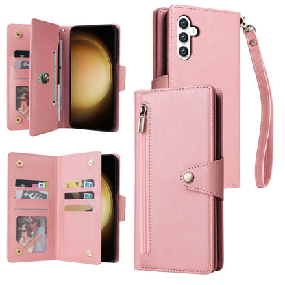 For Samsung Galaxy S25+ 5G Rivet Buckle 9 Cards Three Fold Leather Phone Case(Rose Gold) - Galaxy S25+ 5G Cases by buy2fix | Online Shopping UK | buy2fix