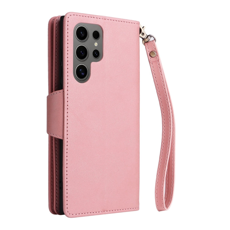 For Samsung Galaxy S25 Ultra 5G Rivet Buckle 9 Cards Three Fold Leather Phone Case(Rose Gold) - Galaxy S25 Ultra 5G Cases by buy2fix | Online Shopping UK | buy2fix