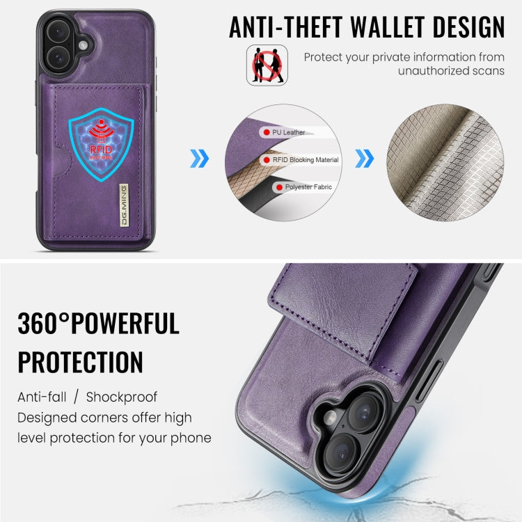 For iPhone 16 Plus DG.MING M6 Series RFID Tri-fold Card Bag Removable Leather Phone Case(Purple) - iPhone 16 Plus Cases by DG.MING | Online Shopping UK | buy2fix