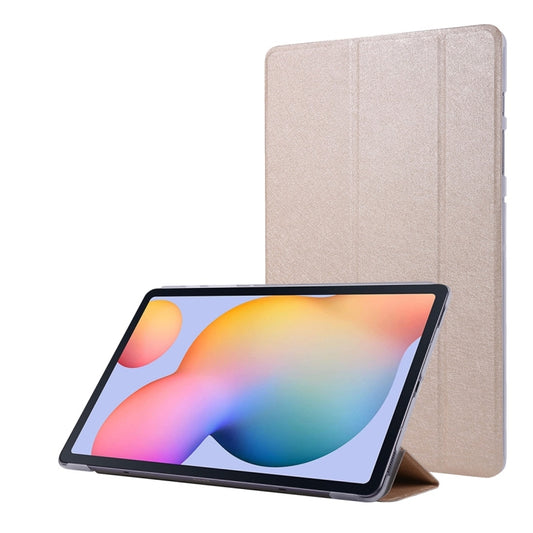 For Samsung Galaxy Tab S8 / Galaxy Tab S7 / T870 Silk Texture Three-fold Horizontal Flip Leather Case with Holder & Pen Slot(Gold) - Galaxy Tab S8 Cases by buy2fix | Online Shopping UK | buy2fix