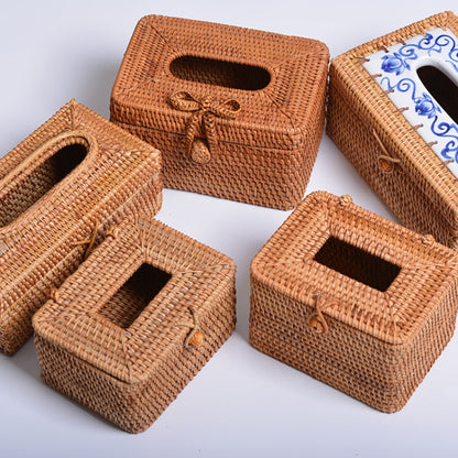 ZJH01 Circle Shape Restaurant Desktop Rattan Braided Tissue Storage Box Case - Storage Boxes by buy2fix | Online Shopping UK | buy2fix