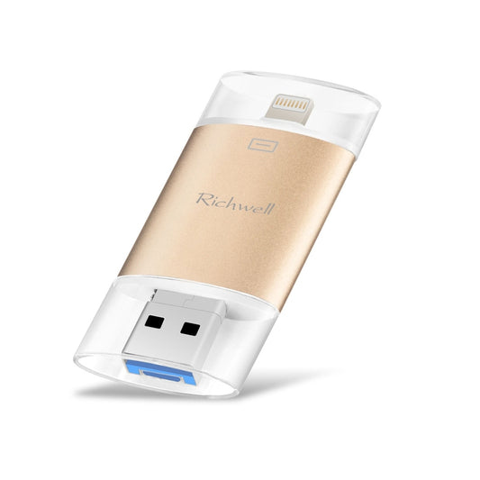 Richwell 3 in 1 64G Type-C + 8 Pin + USB 3.0 Metal Double Cover Push-pull Flash Disk with OTG Function(Gold) - U Disk & Card Reader by Richwell | Online Shopping UK | buy2fix
