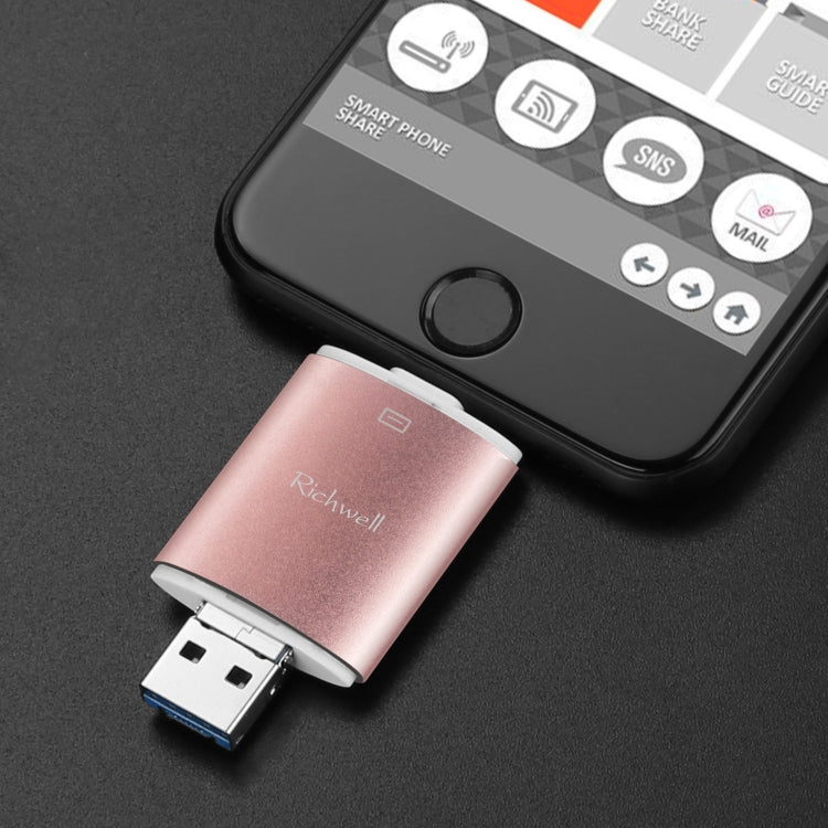 Richwell 3 in 1 64G Type-C + 8 Pin + USB 3.0 Metal Double Cover Push-pull Flash Disk with OTG Function(Rose Gold) - U Disk & Card Reader by Richwell | Online Shopping UK | buy2fix