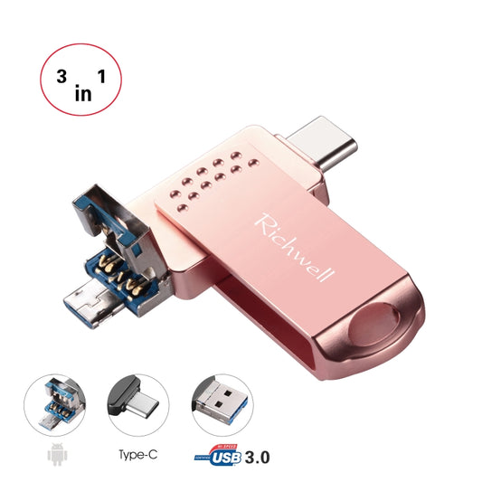 Richwell 3 in 1 32G Type-C + Micro USB + USB 3.0 Metal Flash Disk with OTG Function(Rose Gold) - U Disk & Card Reader by Richwell | Online Shopping UK | buy2fix