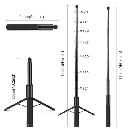 PULUZ 1.22m Retractable Invisible Selfie Stick with Tripod For Insta360 X4 / X3 (Black) - Self Monopod Grip by PULUZ | Online Shopping UK | buy2fix