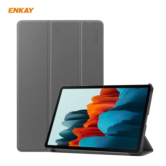 ENKAY ENK-8010 PU Leather + Plastic Smart Case with Three-folding Holder for Samsung Galaxy Tab S8 / Galaxy Tab S7 11.0 T870 / T875(Grey) - Galaxy Tab S8 Cases by ENKAY | Online Shopping UK | buy2fix