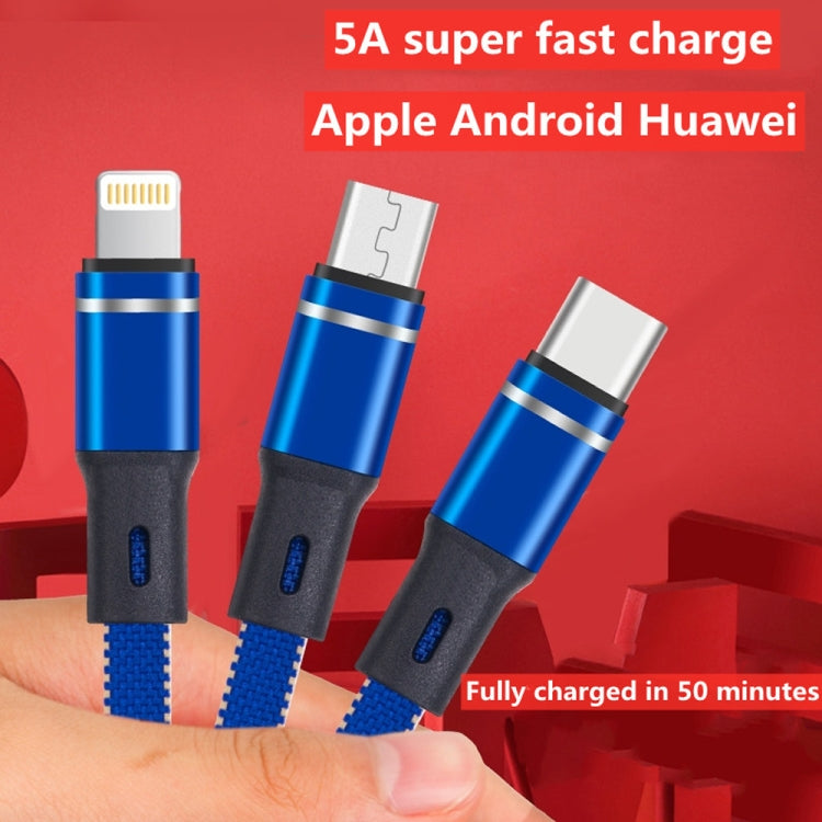 XJ-76 40W 5A 3 in 1 USB to 8 Pin + Type-C + Micro USB Super Flash Charging Cable, Length: 1.18m(Blue) - Multifunction Cable by buy2fix | Online Shopping UK | buy2fix