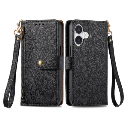 For iPhone 16 Pro Love Zipper Lanyard Leather Phone Case(Black) - iPhone 16 Pro Cases by buy2fix | Online Shopping UK | buy2fix