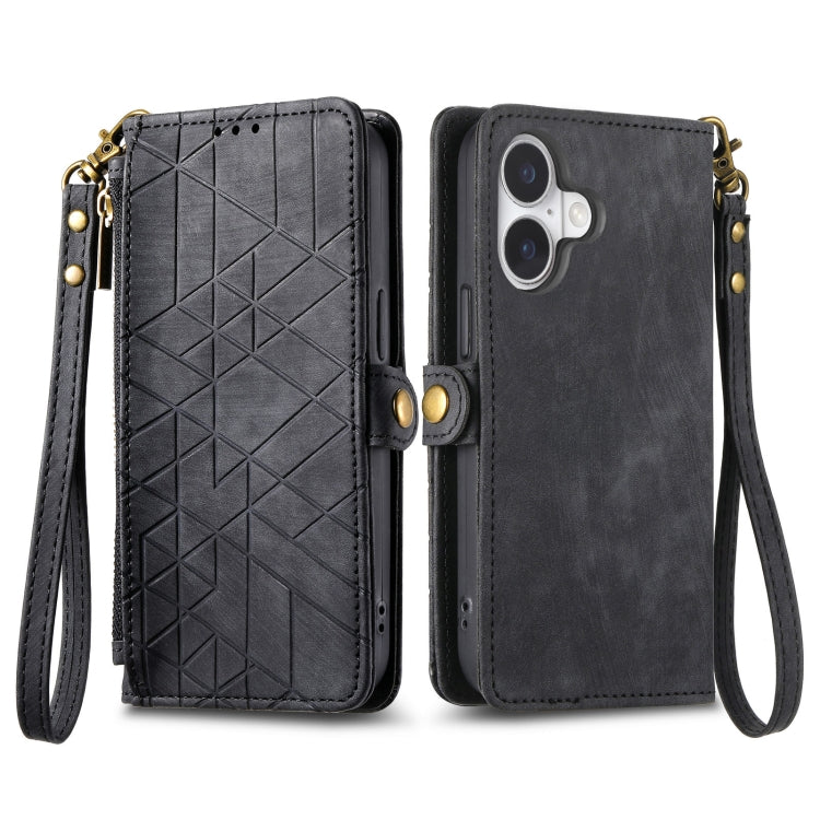 For iPhone 16 Plus Geometric Zipper Wallet Side Buckle Leather Phone Case(Black) - iPhone 16 Plus Cases by buy2fix | Online Shopping UK | buy2fix