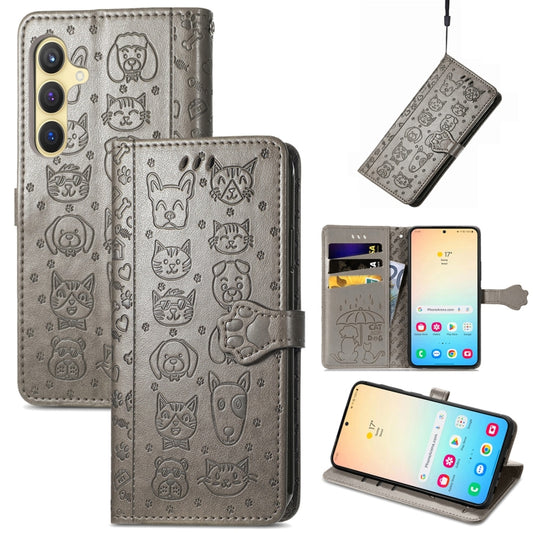 For Samsung Galaxy S25+ 5G Cat and Dog Embossed Leather Phone Case(Gray) - Galaxy S25+ 5G Cases by buy2fix | Online Shopping UK | buy2fix