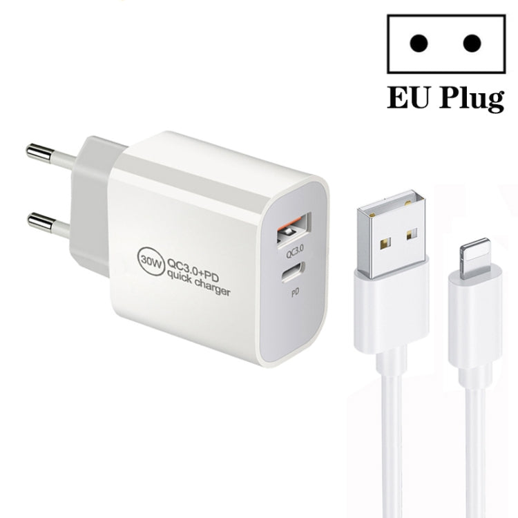 PD30W USB-C / Type-C + QC3.0 USB Dual Port Charger with 1m USB to 8 Pin Data Cable, EU Plug - USB Charger by buy2fix | Online Shopping UK | buy2fix