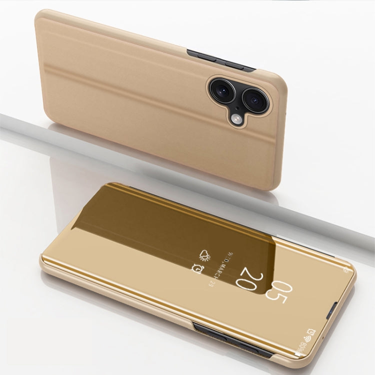 For iPhone 16 Plus Plated Mirror Horizontal Flip Leather Phone Case with Holder(Gold) - iPhone 16 Plus Cases by buy2fix | Online Shopping UK | buy2fix