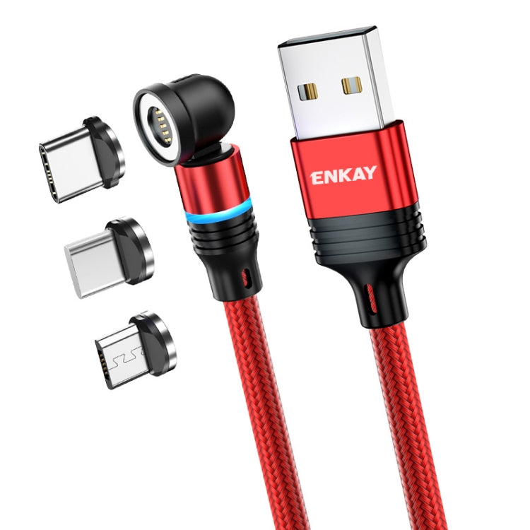 ENKAY 3 in 1 3A USB to Type-C / 8 Pin / Micro USB Magnetic 540 Degrees Rotating Fast Charging Cable, Length:2m(Red) - Charging Cable & Head by ENKAY | Online Shopping UK | buy2fix