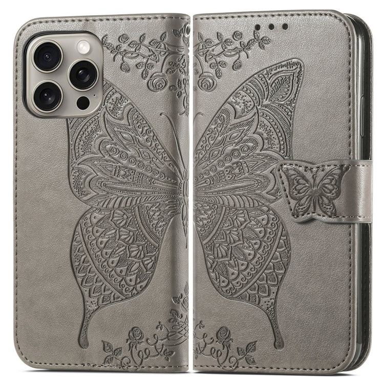 For iPhone 16 Pro Butterfly Love Flower Embossed Leather Phone Case(Gray) - iPhone 16 Pro Cases by buy2fix | Online Shopping UK | buy2fix