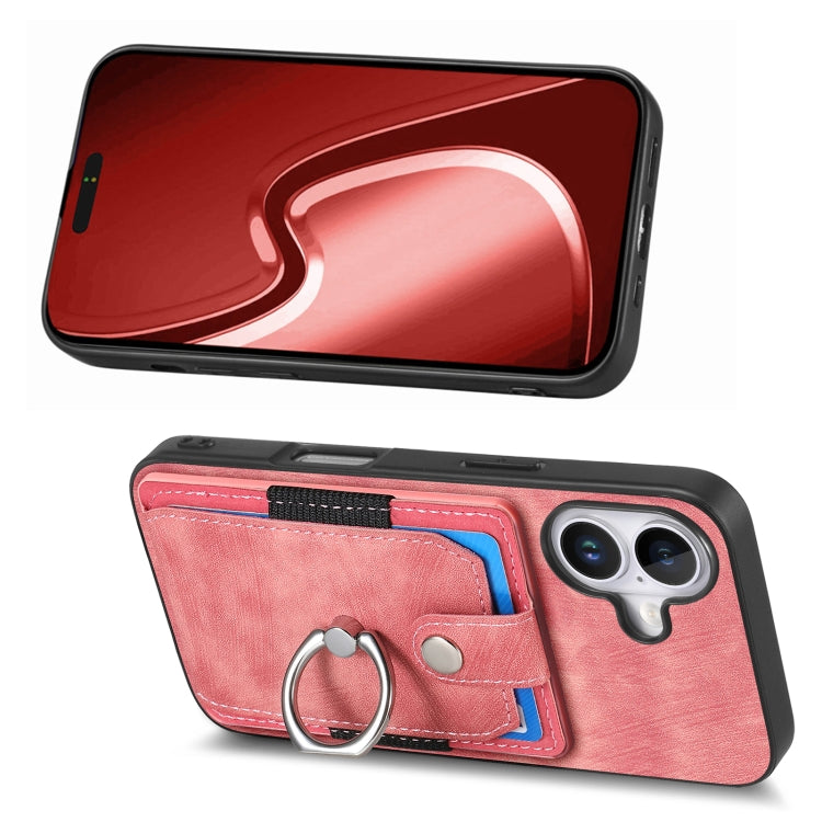 For iPhone 16 Retro Skin-feel Ring Card Wallet Phone Case(Pink) - iPhone 16 Cases by buy2fix | Online Shopping UK | buy2fix