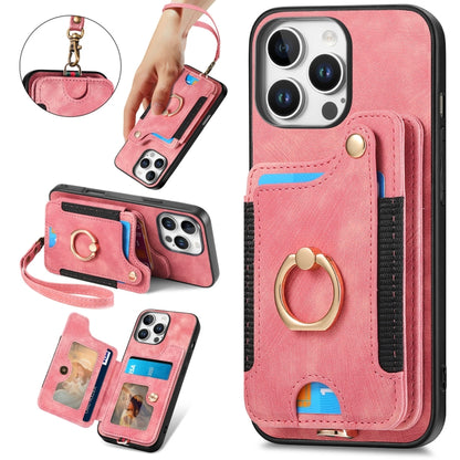 For iPhone 16 Pro Max Retro Skin-feel Ring Multi-card Wallet Phone Case(Pink) - iPhone 16 Pro Max Cases by buy2fix | Online Shopping UK | buy2fix