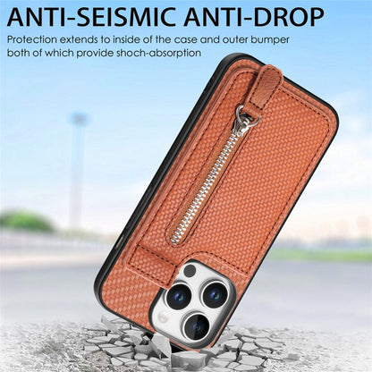 For iPhone 16 Pro Carbon Fiber Vertical Flip Zipper Phone Case(Brown) - iPhone 16 Pro Cases by buy2fix | Online Shopping UK | buy2fix