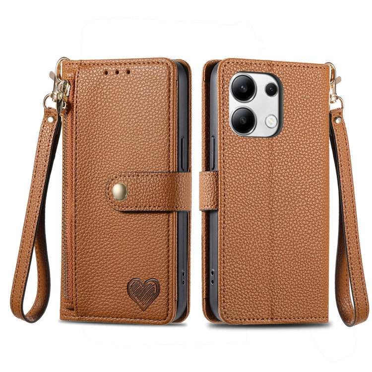 For Xiaomi Redmi Note 13 4G Love Zipper Lanyard Leather Phone Case(Brown) - Note 13 Cases by buy2fix | Online Shopping UK | buy2fix