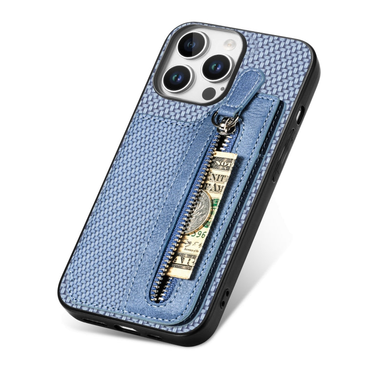 For iPhone 16 Pro Max Carbon Fiber Horizontal Flip Zipper Wallet Phone Case(Blue) - iPhone 16 Pro Max Cases by buy2fix | Online Shopping UK | buy2fix