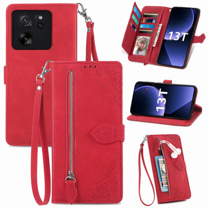 For Xiaomi Redmi K60 Ultra Embossed Flower Zipper Leather Phone Case(Red) - Note 13 Cases by buy2fix | Online Shopping UK | buy2fix