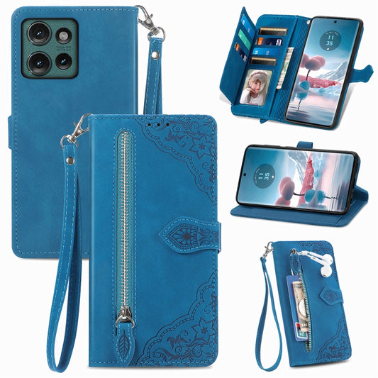 For Motorola Edge 2024 Embossed Flower Zipper Leather Phone Case(Blue) - Motorola Cases by buy2fix | Online Shopping UK | buy2fix