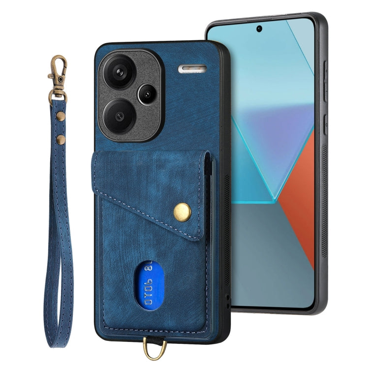 For Xiaomi Redmi Note 13 Pro+ Retro Card Wallet Fold Leather Phone Case with Strap(Blue) - Note 13 Pro+ Tempered Glass by buy2fix | Online Shopping UK | buy2fix