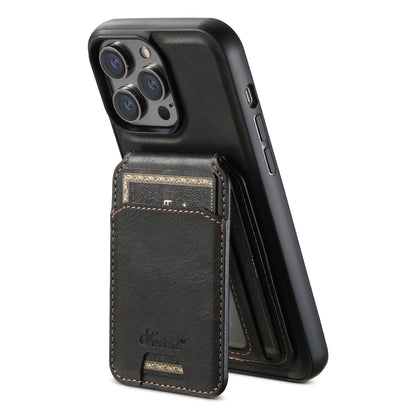 For iPhone 12  Suteni H15 MagSafe Oil Eax Leather Detachable Wallet Back Phone Case(Black) - iPhone 12 / 12 Pro Cases by Suteni | Online Shopping UK | buy2fix