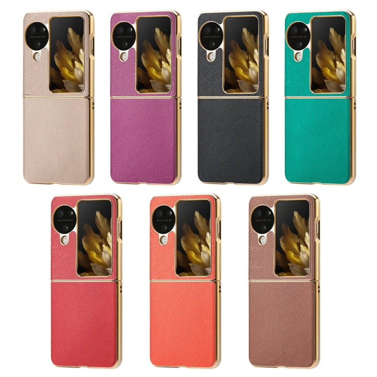 For OPPO Find N3 Flip Litchi Leather Electroplating Shockproof Phone Case(Khaki) - Find N3 Flip Cases by buy2fix | Online Shopping UK | buy2fix