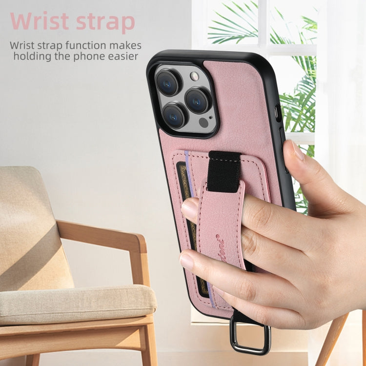 For iPhone 16 Pro Max Suteni H13 Litchi Leather Wrist Strap Wallet Back Phone Case(Pink) - iPhone 16 Pro Max Cases by Suteni | Online Shopping UK | buy2fix