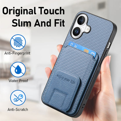 For iPhone 16 Carbon Fiber Card Bag Fold Stand Phone Case(Blue) - iPhone 16 Cases by buy2fix | Online Shopping UK | buy2fix