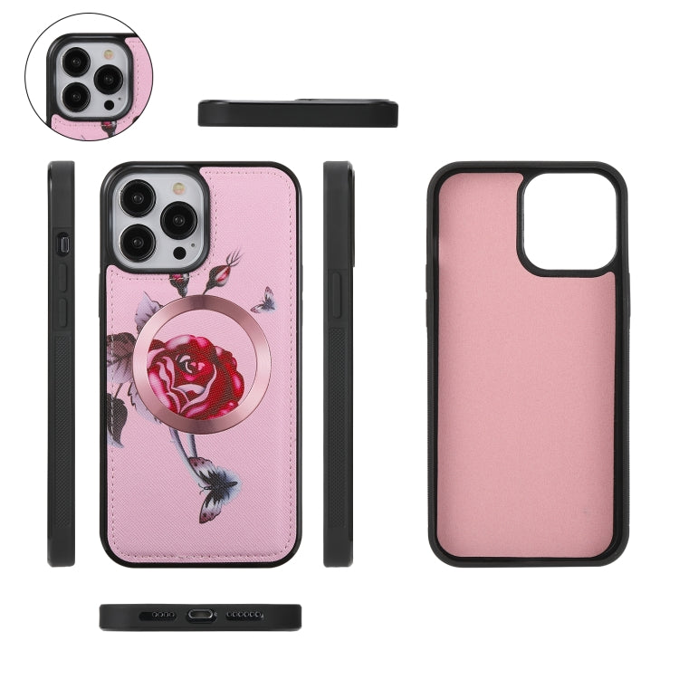 For iPhone 13 MagSafe Flower Multi-functional Crossbody Zipper Wallet Leather Phone Case(Pink) - iPhone 13 Cases by buy2fix | Online Shopping UK | buy2fix