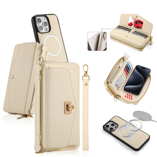 For iPhone 15 Pro MagSafe Crossbody Multi-functional Zipper Wallet Litchi Leather Phone Case(White) - iPhone 15 Pro Cases by buy2fix | Online Shopping UK | buy2fix