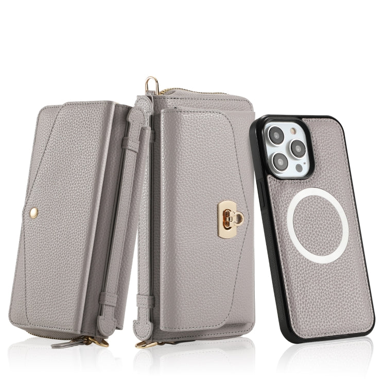 For iPhone 14 MagSafe Crossbody Multi-functional Zipper Wallet Litchi Leather Phone Case(Grey) - iPhone 14 Cases by buy2fix | Online Shopping UK | buy2fix