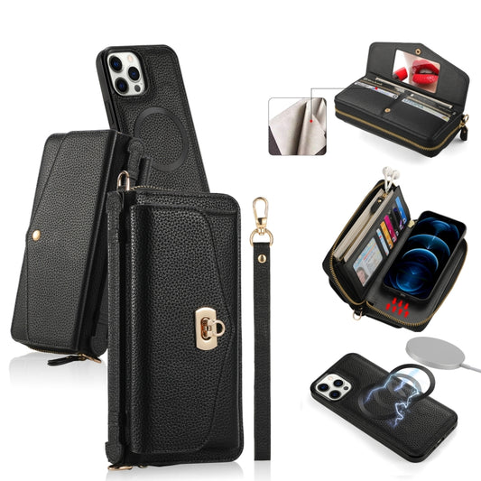 For iPhone 12 Pro Max MagSafe Crossbody Multi-functional Zipper Wallet Litchi Leather Phone Case(Black) - iPhone 12 Pro Max Cases by buy2fix | Online Shopping UK | buy2fix