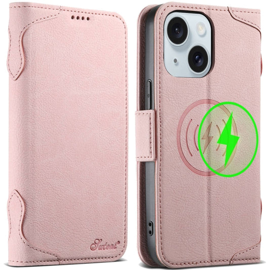 For iPhone 15 SUTENI J07 Multifunctional Horizontal Flip Magsafe Leather Phone Case(Pink) - iPhone 15 Cases by Suteni | Online Shopping UK | buy2fix