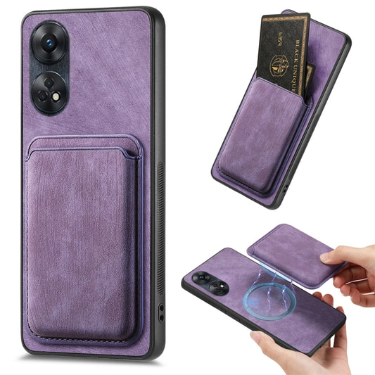 For OPPO Reno8 T 4G Retro Leather Card Bag Magnetic Phone Case(Purple) - OPPO Cases by buy2fix | Online Shopping UK | buy2fix