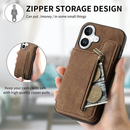 For iPhone 16 Retro Leather Zipper Wallet Back Phone Case(Brown) - More iPhone Cases by buy2fix | Online Shopping UK | buy2fix