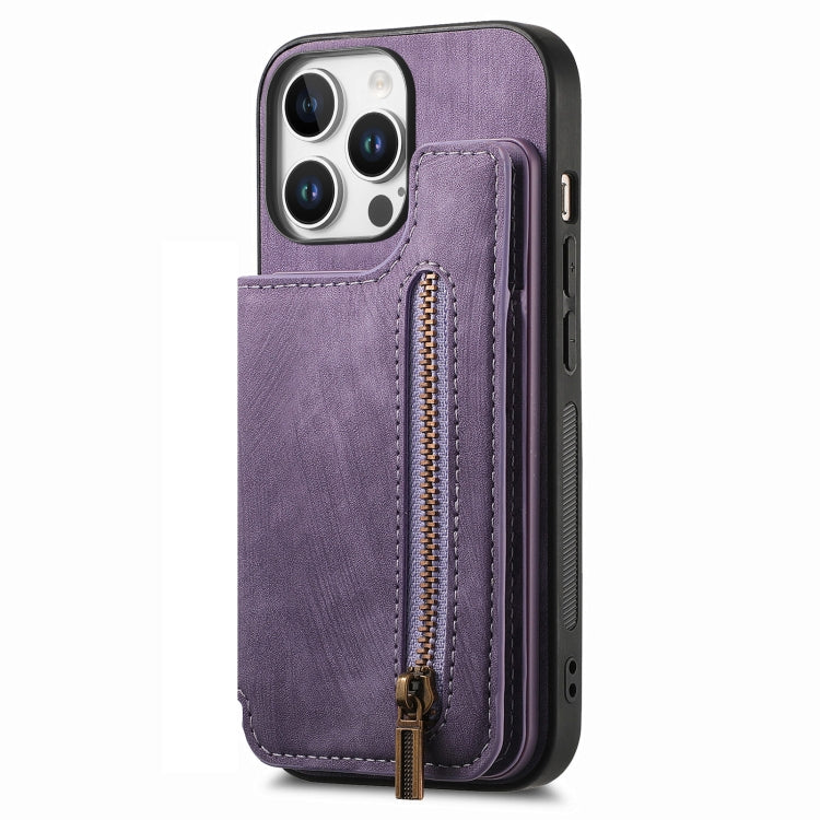 For iPhone 16 Pro Max Retro Leather Zipper Wallet Back Phone Case(Purple) - More iPhone Cases by buy2fix | Online Shopping UK | buy2fix