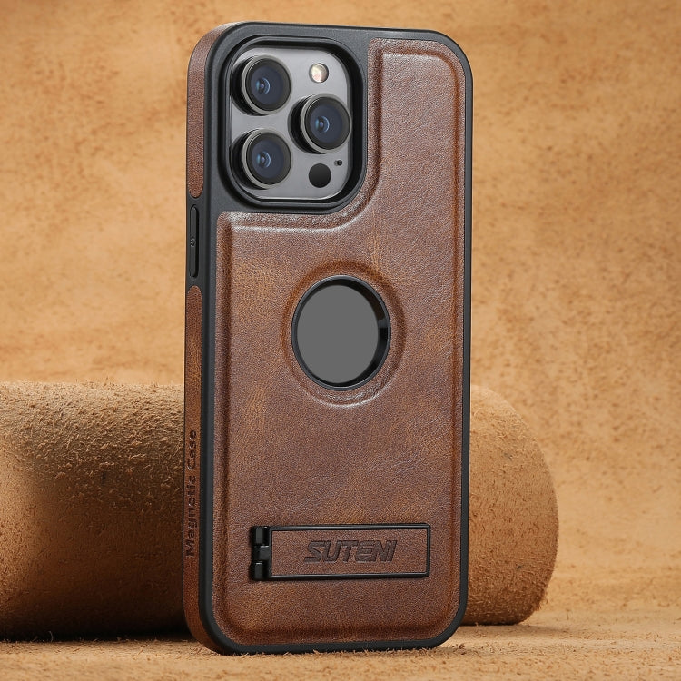 For iPhone 14 Pro Suteni G2 Magsafe Oil Wax Leather Back Phone Case with Holder(Brown) - iPhone 14 Pro Cases by Suteni | Online Shopping UK | buy2fix