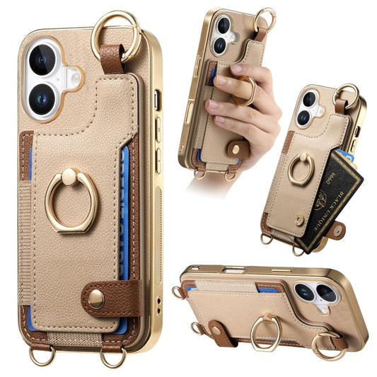 For iPhone 16 Plus Fashion Ring Card Bag Phone Case with Hang Loop(Khaki) - iPhone 16 Plus Cases by buy2fix | Online Shopping UK | buy2fix