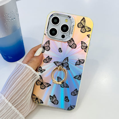 For iPhone 16 Plus Electroplating Laser Butterfly Ring Holder Phone Case(Blue Butterflies AB4) - iPhone 16 Plus Cases by buy2fix | Online Shopping UK | buy2fix