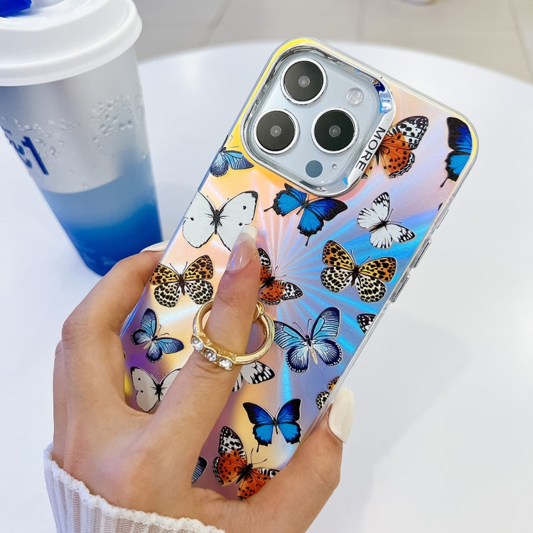 For iPhone 16 Pro Electroplating Laser Butterfly Ring Holder Phone Case(Purple Butterflies AB3) - iPhone 16 Pro Cases by buy2fix | Online Shopping UK | buy2fix