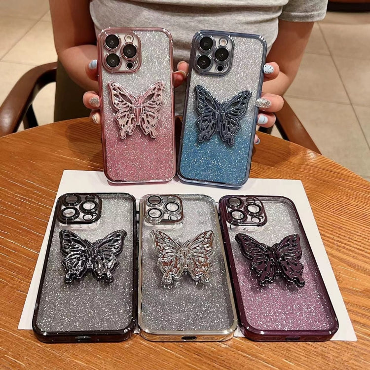 For iPhone 16 Plus Electroplated Gradient Glitter 3D Butterfly TPU Phone Case(Gradient Silver) - iPhone 16 Plus Cases by buy2fix | Online Shopping UK | buy2fix