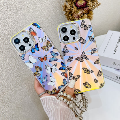 For iPhone 16 Pro Electroplating Laser Butterfly Phone Case with Wrist Strap(White Purple Butterflies AB6) - iPhone 16 Pro Cases by buy2fix | Online Shopping UK | buy2fix