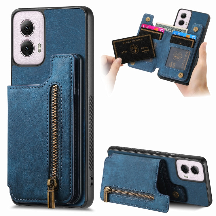 For Motorola G Power 5G 2024 Retro Leather Zipper Wallet Back Phone Case(Blue) - Motorola Cases by buy2fix | Online Shopping UK | buy2fix