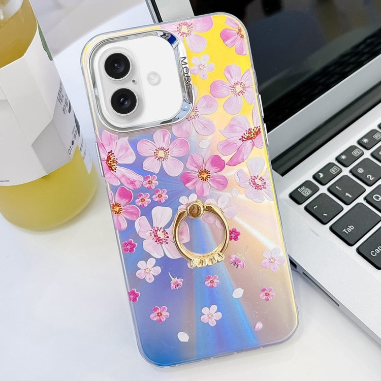 For iPhone 16 Plus Electroplating Laser Flower Ring Holder TPU Phone Case(Pink Flower AH13) - iPhone 16 Plus Cases by buy2fix | Online Shopping UK | buy2fix