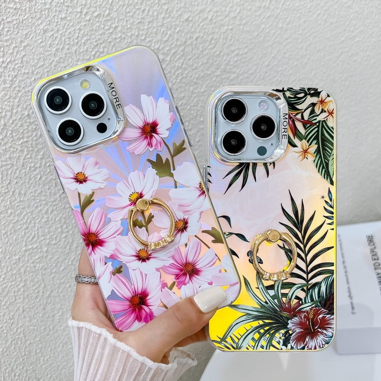 For iPhone 16 Plus Electroplating Laser Flower Ring Holder TPU Phone Case(Zinnia AH9) - iPhone 16 Plus Cases by buy2fix | Online Shopping UK | buy2fix